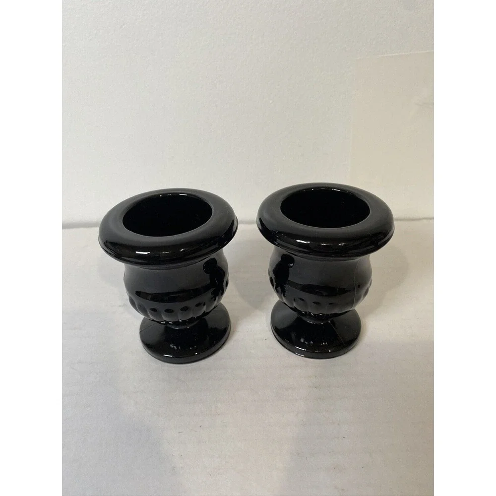 Pair of‎ Vintage Black Glass Candle Holders Miniature Urn Shaped 3